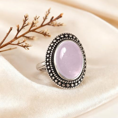 Retro Sterling Silver Stone Ring,Antique Natural Real Oval Crystal Quartz Gemstone Boho Bohemian Ring Jewelry for Women - color: A11_Rose Quartz