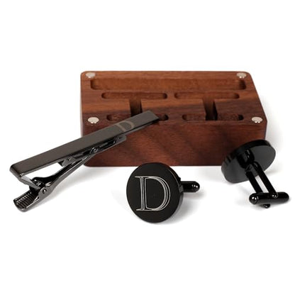 Mens Initial Cufflinks and Tie Clip A-Z Alphabet Letter Black Stainless Cuff Links Tie Bar with Engraved Walnut Wood Box Groom Groomsman Wedding Set - style: Classic-D