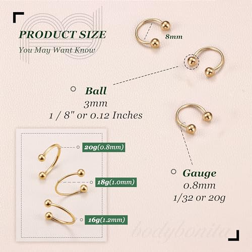 G23 Titanium 14/16/18/20G Septum Rings Horseshoe Nose Ring Jewelry | 2/3Pcs Circular Barbell Spike Lip Body Piercing Jewelry Conch Helix Tragus Earring Silver/Black 8/10/12mm 14K Gold Plated - color: Gold-3pcs, size: Balls-3pcs-20g-8mm