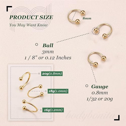 G23 Titanium 14/16/18/20G Septum Rings Horseshoe Nose Ring Jewelry | 2/3Pcs Circular Barbell Spike Lip Body Piercing Jewelry Conch Helix Tragus Earring Silver/Black 8/10/12mm 14K Gold Plated - color: Gold-3pcs, size: Balls-3pcs-20g-8mm