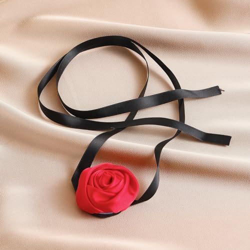 Firstmeet Floral Rose Necklace Handmade Flower Satin Ribbon Choker Necklace for Women - color: Red