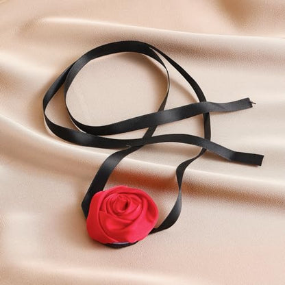 Firstmeet Floral Rose Necklace Handmade Flower Satin Ribbon Choker Necklace for Women - color: Red