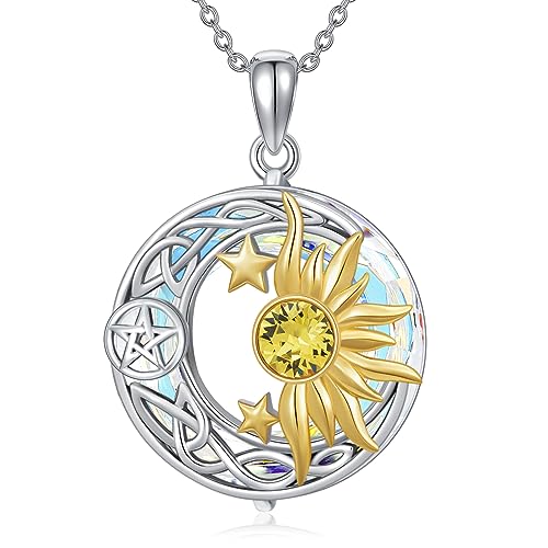 AOBOCO 925 Sterling Silver Moon Sun Star Necklace Celtic Jewelry for Women Girls - color: Circle Crystal-Aurore Boreale Color