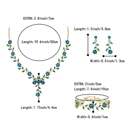 Women's Wedding Jewelry Set for Bride,Prom Bridal Accessories | Bling Crystal,Flower Leaf Cluster,Dangle Earrings Pendant Necklace Set,for Bridesmaid,Party Jewellery - color: 3Pcs-Blue Topaz Gold-Plated-Base