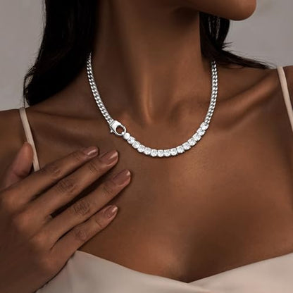 IMBOS 14K Gold Plated Chunky Chain Choker Necklaces for Women Chunky Gold Necklace Tennis Necklace for Women CZ Love Chain Cuban Link Choker Jewelry Gifts - color: Silver-Chunky Tennis