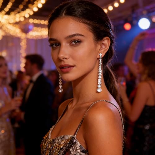 Wedding Long Rhinestone Earrings Silver Crystal Dangle Earring Diamond Cubic Zirconia Bridal Drop Sparkly Tassel Cz Brides Stud Shiny Statement Formal Bridesmaid Party Prom Jewelry Women