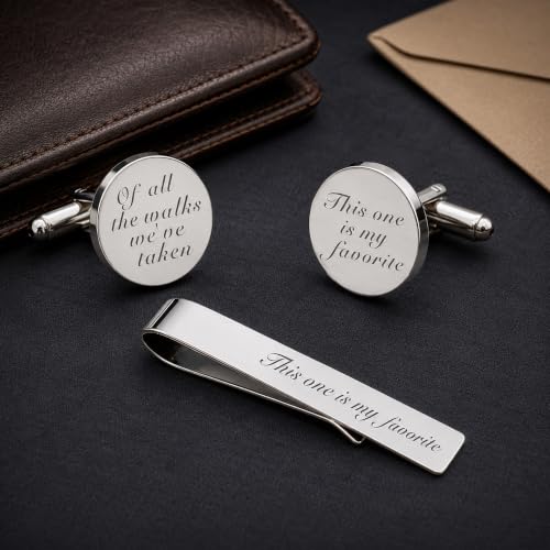 JUOOE Cufflinks for Men Tie Clip Set Cuff Links Personalized CuffLinks Gift for Groom Husband Father Boyfriend Stainless Steel Cufflinks Shirt Business Wedding Gifts - style: Silver Of all the walks we've taken