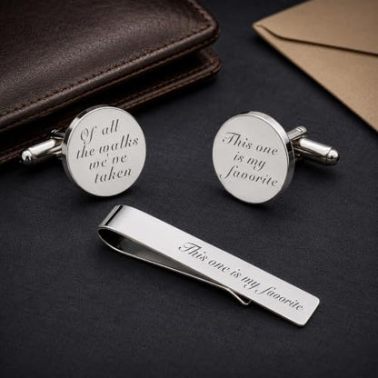 JUOOE Cufflinks for Men Tie Clip Set Cuff Links Personalized CuffLinks Gift for Groom Husband Father Boyfriend Stainless Steel Cufflinks Shirt Business Wedding Gifts - style: Silver Of all the walks we've taken