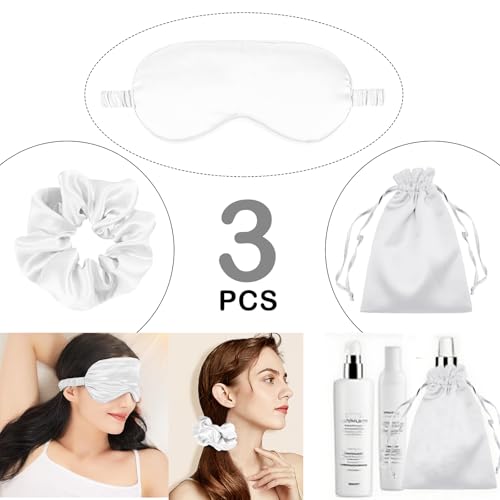 3Pcs Satin Eye Mask Silk Sleep Masks Set Silky Blindfold Eyeshade Blackout Eyes Cover Pouches Bag Scrunchy Wedding Gift - color: White