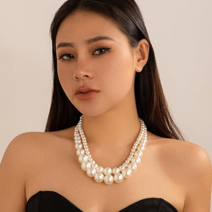 CSIYANJRY99 Chunky Pearl Necklace for Women Big Faux Pearl Beaded Strand Necklace Wedding Prom Jewelry for Women - color: White Layered