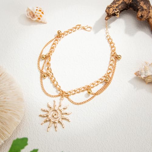 Gold Anklet for Women, Spiral Sun Charm Layered Boho Beach Ankle Bracelet Adjustable Double Chain Summer Beachy Ocean Jewelry Gift - color: Gold Sun