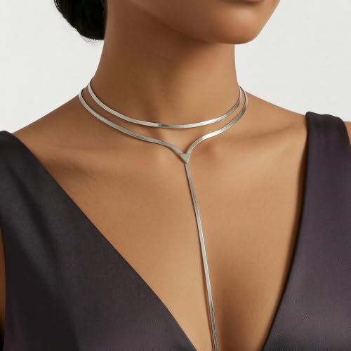 Chunky Gold Choker Necklace for Women, Double Layered Trendy Statement Y Necklace Long Snake Chain Drop Silver Necklaces Tassel Charm Prom Jewelry Accessories Gifts - color: Silver