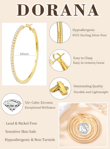 3mm 925 Sterling Silver Big Cubic Zirconia Hoop Earrings for Women Large Rhinestone Hoop Earrings 14K Gold Plated Hypoallergenic Lightweight 30mm/40mm/50mm/60mm - color: Gold-60mm