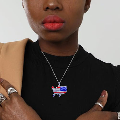 HUJUON American Flag Pendant Necklace Earring Set for Women 4th Of July Butterfly Drop Dangle Hook Earring Independence Day Usa Patriotic Choker Jewelry Gift - color: Map Silver