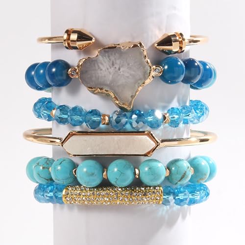 Yomisa 5PCS 6PCS Natural Boho Beaded Bracelets/Bangle for Women Men,Healing Turquoise Jasper Agate Crystal Gemstone Stone Chakra Multilayer Wrap Bohemian Handmade Jewelry Beads Stretch Bracelet Set - color: 6PCS-Sky blue