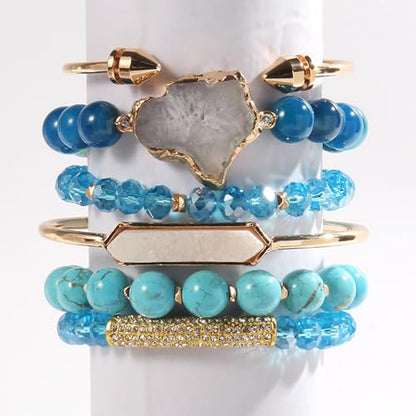 Yomisa 5PCS 6PCS Natural Boho Beaded Bracelets/Bangle for Women Men,Healing Turquoise Jasper Agate Crystal Gemstone Stone Chakra Multilayer Wrap Bohemian Handmade Jewelry Beads Stretch Bracelet Set - color: 6PCS-Sky blue