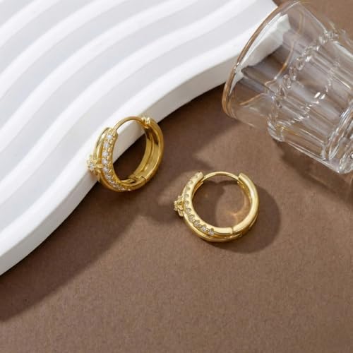 14K Gold Double Hoop Earrings 20mm Split Huggies North Star Earrings Celestial Jewelry Gift for Women