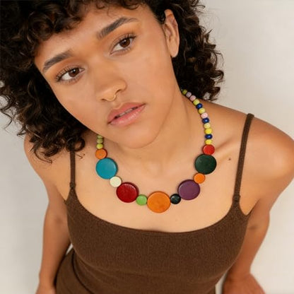 ONLYJUMP Colorful Ethnic Wooden Jewelry Set for Women Round Statement Dangle Earrings Multilayered Geometric Beaded Bracelet Necklace Exaggerated Tribal Style Jewelry - color: Colorful B