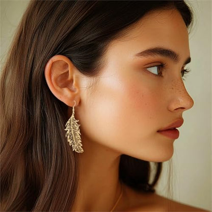 4 Pairs Boho Feather Earrings for Women 14K Gold Plated Long Feather Earrings Gold Leaf Earrings Summer Beach Jewelry Gifts