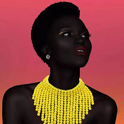 Coiris Boho African Wooden or Acrylic Beaded Bib Statement Necklace Strands Layered Cluster Chunky Collar Choker Wood Necklace for Women Fashion Costume Jewelry - color: Yellow