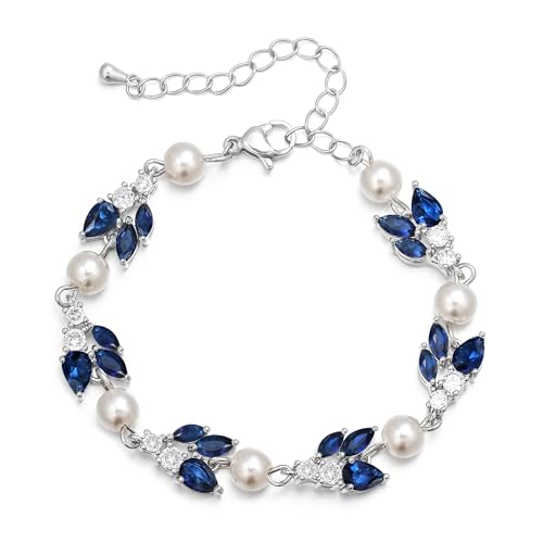 EVER FAITH Gorgeous Cubic Zirconia Pearl Wedding Link Bracelet for Bride | Marquise Teardrop Crystal Bridal Prom Jewelry, for Women Bridesmaids - style: Cluster_Blue