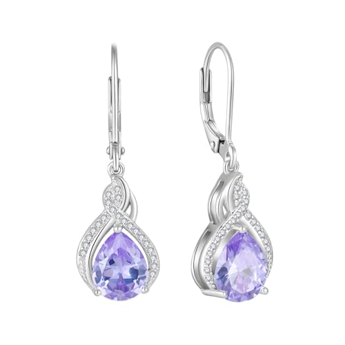 925 Sterling Silver Infinity Teardrop Earrings for Women | Lwsary Dangle Drop Leverback Earrings, Pear Shaped Birthstone Jewelry for Her - color: Lavender