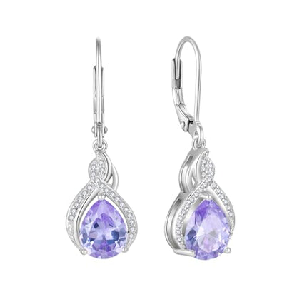 925 Sterling Silver Infinity Teardrop Earrings for Women | Lwsary Dangle Drop Leverback Earrings, Pear Shaped Birthstone Jewelry for Her - color: Lavender