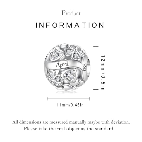 925 Sterling Silver Lucky Clover Birthstone Charms for Bracelets Dangle Pendant with 5A Cubic Zirconia Compatible Pandora Bracelets, Ladies Birthday Gift - style: 4-April