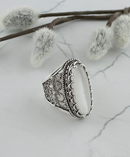 Filigranist 925 Sterling Silver Handcrafted Filigree Art Women Oval Boho Statement Ring with Gemstones, Gift Boxed - color: Mother of Pearl, size: 10.5