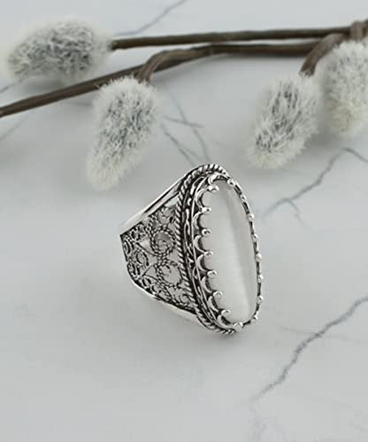 Filigranist 925 Sterling Silver Handcrafted Filigree Art Women Oval Boho Statement Ring with Gemstones, Gift Boxed - color: Mother of Pearl, size: 10.5