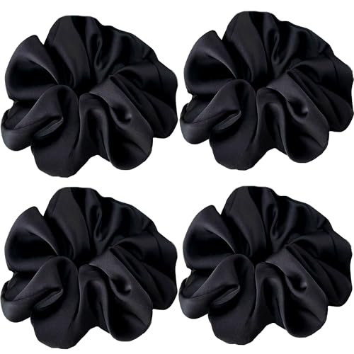 Black Big Scrunchies for Women, 5.2 Inche Large Satin Scrunchie, Oversized Silk Hair Ties Jumbo for Thick Hair, Upgraded Elastic Bands and Seamless Hand-Stitching Craftsmanship, 4 Pack - color: Classic Black
