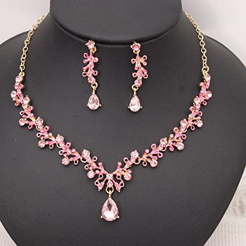 3Pcs Austrian Crystal Jewelry Set for Women, Necklace Dangle Earrings Link Bracelet Jewelry Set with Gold/Platinum/Gun Plated, Wedding Party Jewelry for Bridal Bridesmaid - color: Pink-Gold Plated