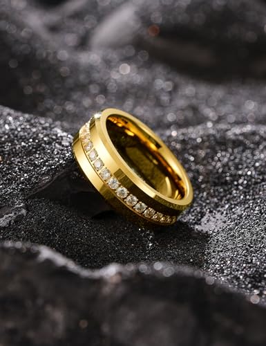 King Will 8mm Tungsten Carbide Rings for Men Cubic Zircon Stones Inlay - color: Gold 8mm