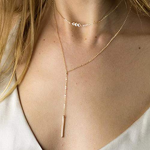 Turandoss Dainty Layered Choker Necklace, Handmade Y Pendant Necklace Multilayer Bar Disc Necklace Adjustable Layering Choker Necklaces for Women - style: 2PCS - simulated Pearls&Bar