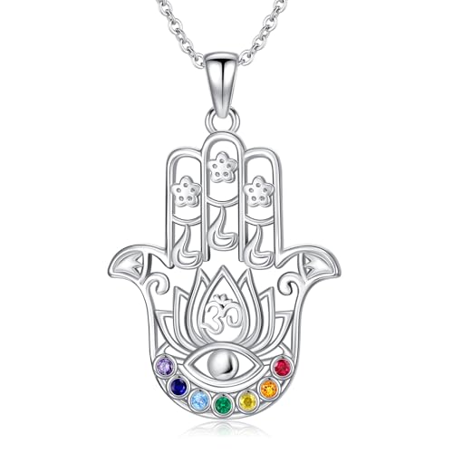 Hamsa Necklace 925 Sterling Silver Evil Eye/Lotus Flower/Star of David/Chai/Yin Yang Hamsa Hand Pendant Jewelry Hand of Fatima Gifts for Women - style: Lotus Chakra Hamsa