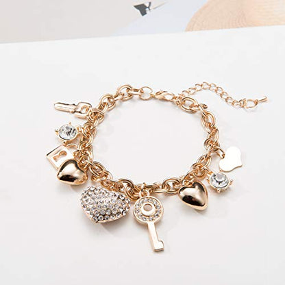 SILANER Gold Chain Link Bracelet - 7"+ 2" Extender 14K Gold Plated Love Locked Bracelets for Women, with Crystal, Love Heart,Key, Lock, Charm Bracelet - color: Love Locked Gold Charm