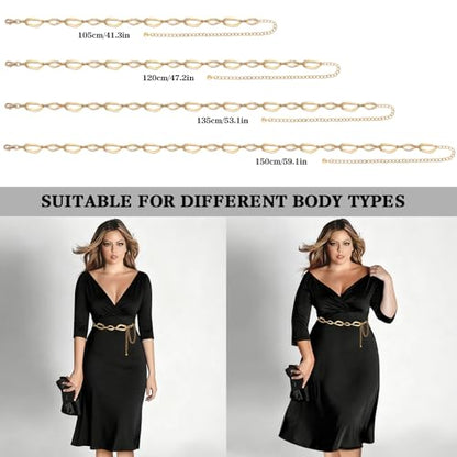 LIMHOO Women's Metal Waist Chain Belts Gold Silver Link Belt for Dresses - color: Square Gold, size: L: Length 135cm/53.1in