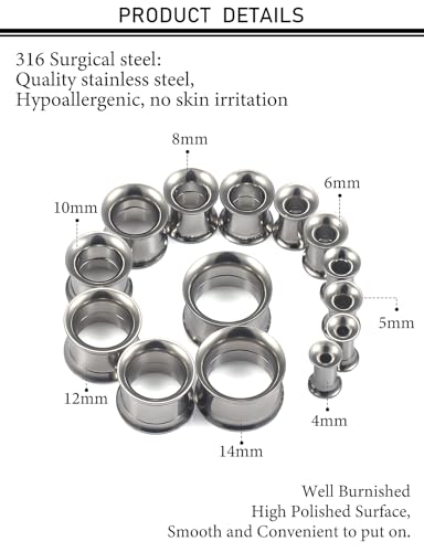12G-25mm Double Flared Gauges Tunnels Stretching Kit 316L Surgical Steel Ear Gauges Plugs Earring Lobe flesh Tunnel Gauge Stretcher Silver Black Gold Color Tone - color: Silver, size: 6g/4g/2g/0g/00g/12mm/14mm