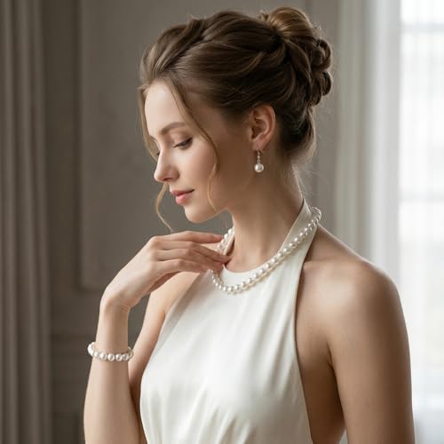 3PCS Pearl Jewelry Set for Women, Faux Pearl Necklace Bracelet Earrings Set, Round Pearl Costume Accessories for Brides Wedding Gift - style: Classic1