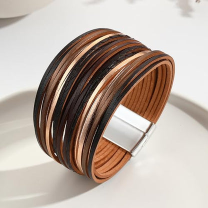 Fesciory Leather Wrap Bracelets for Women, Boho Western Layered Jewelry | Layered leather cuff bracelets, Easy on and off, Boho western style, Daily wear, Gift for women - color: Black 8