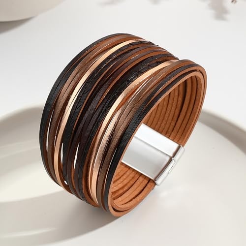 Fesciory Leather Wrap Bracelets for Women, Boho Western Layered Jewelry | Layered leather cuff bracelets, Easy on and off, Boho western style, Daily wear, Gift for women - color: Black 8