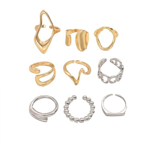9Pcs Dainty Chunky Gold Knuckle Rings Set Stackable for Women, Statement Thick Hollow Oval Huggie Wavy Mixed Metal Joint Midi Finger Open Ring Pack Jewelry