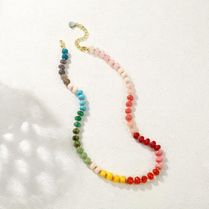 Gemstone Beaded Necklace for Women Colorful Natural Stone Freshwater Pearl Surfer Beach Rainbow Necklace Jewelry Gift - color: colorful -02