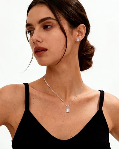 Halo Cubic Zirconia Jewelry Set for Women, Square CZ Stud Earrings Pendant Necklace Adjustable Ring, Silver Simulated Diamond Jewelry for Wedding/Birthday/Prom/Christmas