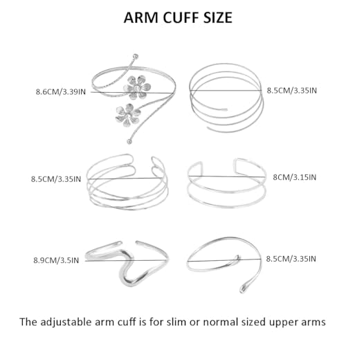 ItsStarred Minimalist Arm Cuff Gold Plated, Upper Arm Cuff Bangle Bracelet for Women, Adjustable Arm band Set 6 Pieces - color: F: Silver Plated Flower 6pcs