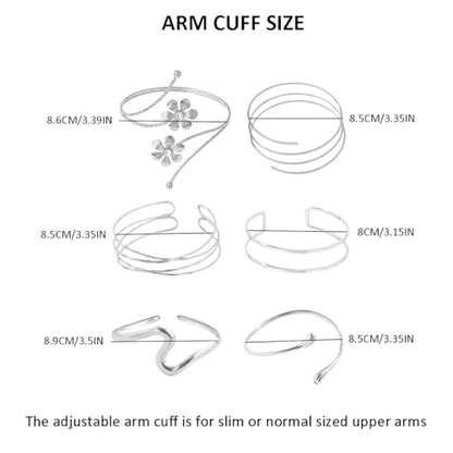 ItsStarred Minimalist Arm Cuff Gold Plated, Upper Arm Cuff Bangle Bracelet for Women, Adjustable Arm band Set 6 Pieces - color: F: Silver Plated Flower 6pcs