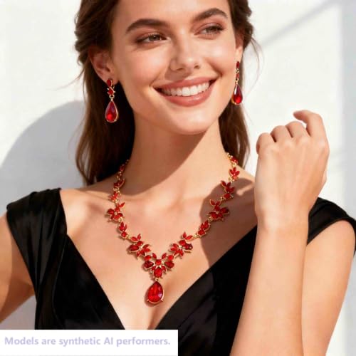 Kamirola Bridal Jewelry Set, Jewelry Set for Women, Necklace Dangle Earrings Bracelet Set, White Gold Plated (TR76) - color: Red