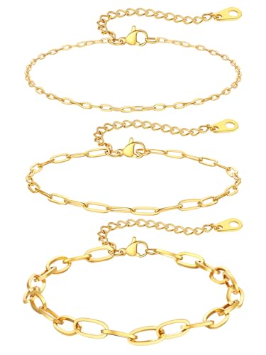 ChainsPro Stainless Steel Waterproof Anklet for Women, Adjustable Non Tarnish Layered Anklets, Trendy Dainty Cuban Link Ankle Bracelet Beach Jewelry Gifts for Swimming & Daily Wear (8.5+2 inches) - style: 3pcs-Style-A-Gold