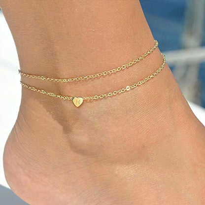 Heart Initial Ankle Bracelets for Women, 14K Gold Filled Handmade Dainty Layered Anklet Letter Initial Heart Ankle Bracelets for Women Beach Jewelry Gifts - style: H