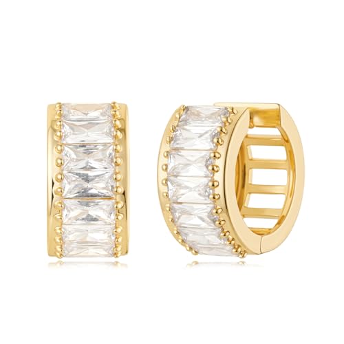 Women Gold Earrings Huggie Hoop Cubic Zirconia 14K Gold Plated Small Simple Hypoallergenic Everyday Jewelry - style: Baguette
